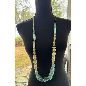 Chicos 20" Long Gold Tone Turquoise Blue Green Bead Statement Necklace NEW